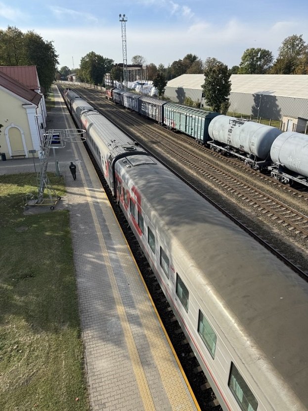 Russian passenger train enroute to Kaliningrad, Russia stops at Lithuanian border for inspection.